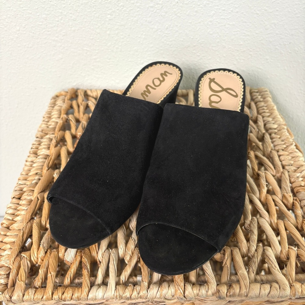 Sam‎ Edelman Mules Women 7.5 Black Suede Open Toe Block Heel Sandals Slip On
